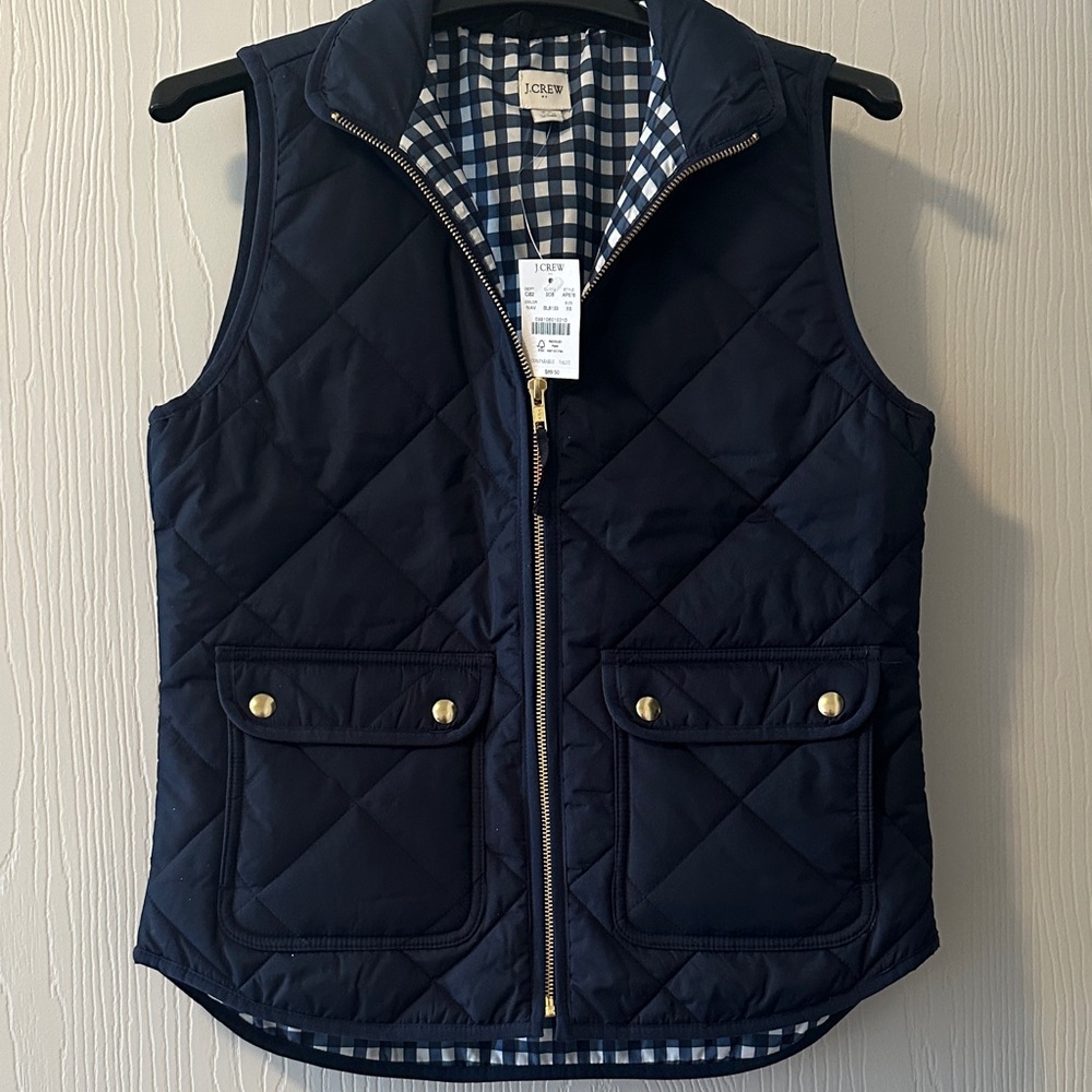 J. Crew Dark Blue Quilted Vest with Gold Details